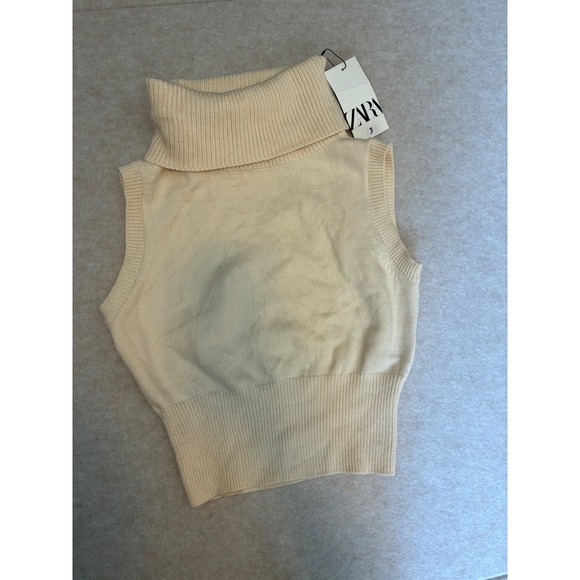 ZARA Sleeveless Turtleneck Sweater Cream Knit Vest Top Women Size L - Picture 4 of 5